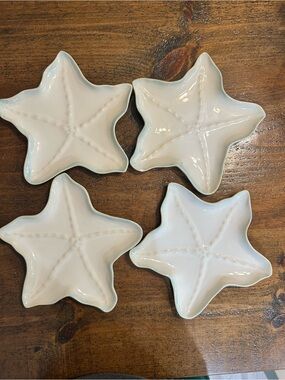 Set of 4 ~ Blue Sky Starfish Dishes, Coastal Beach Nautical Decor Ceramic - 8.5”